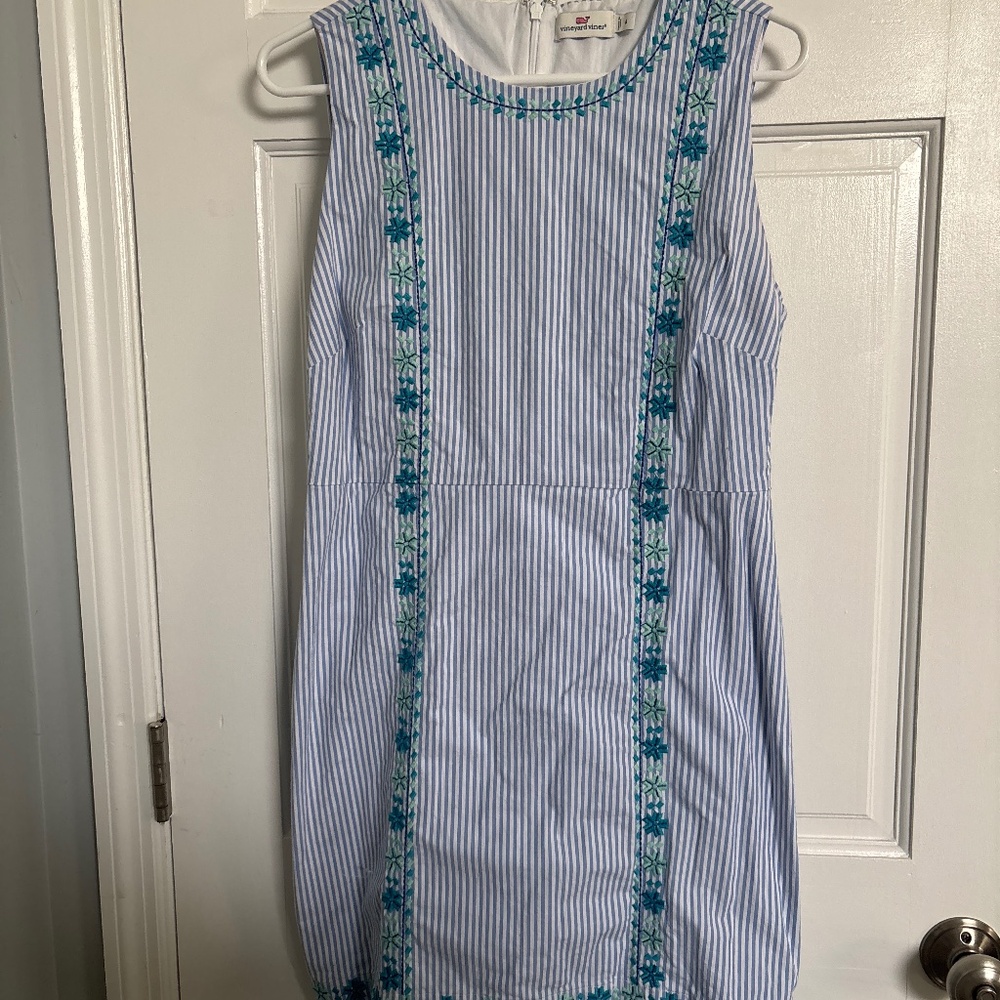 Vineyard Vines Blue and White Striped Embroidered Mini Dress